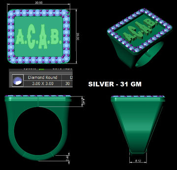 A.C.A.B Ring for Men White CZ 925 Sterling Silver Gun Metal Fn