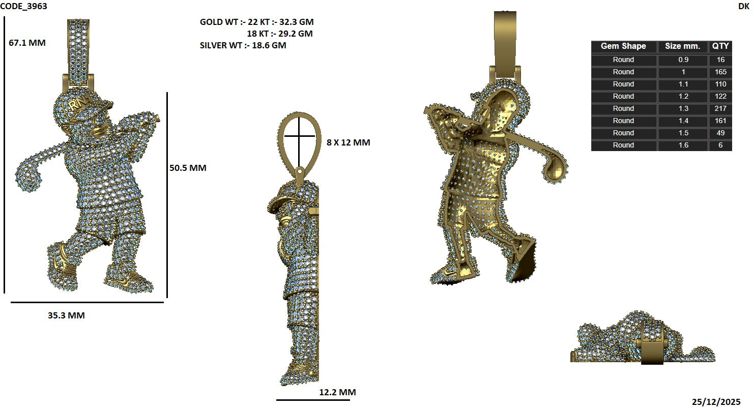 Golfer Pendant Necklace - Moissanite Iced Out Sterling Silver - Part 1