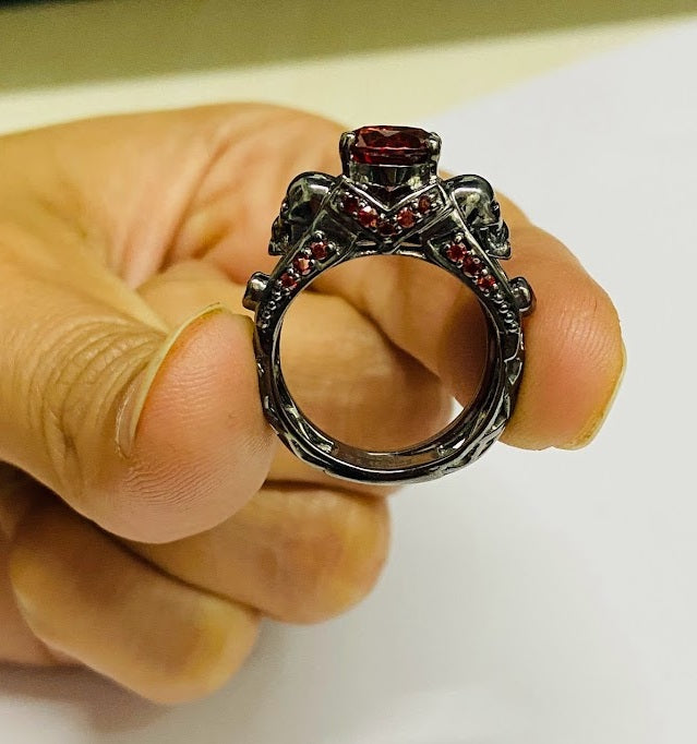 Dark Vampire Queen Skull Engagement Ring Set Bridal Ring Sets