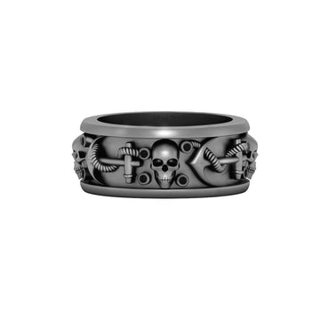 Mens Black Skull Band On 925 Sterling Silver Anchor Skull Wedding Band