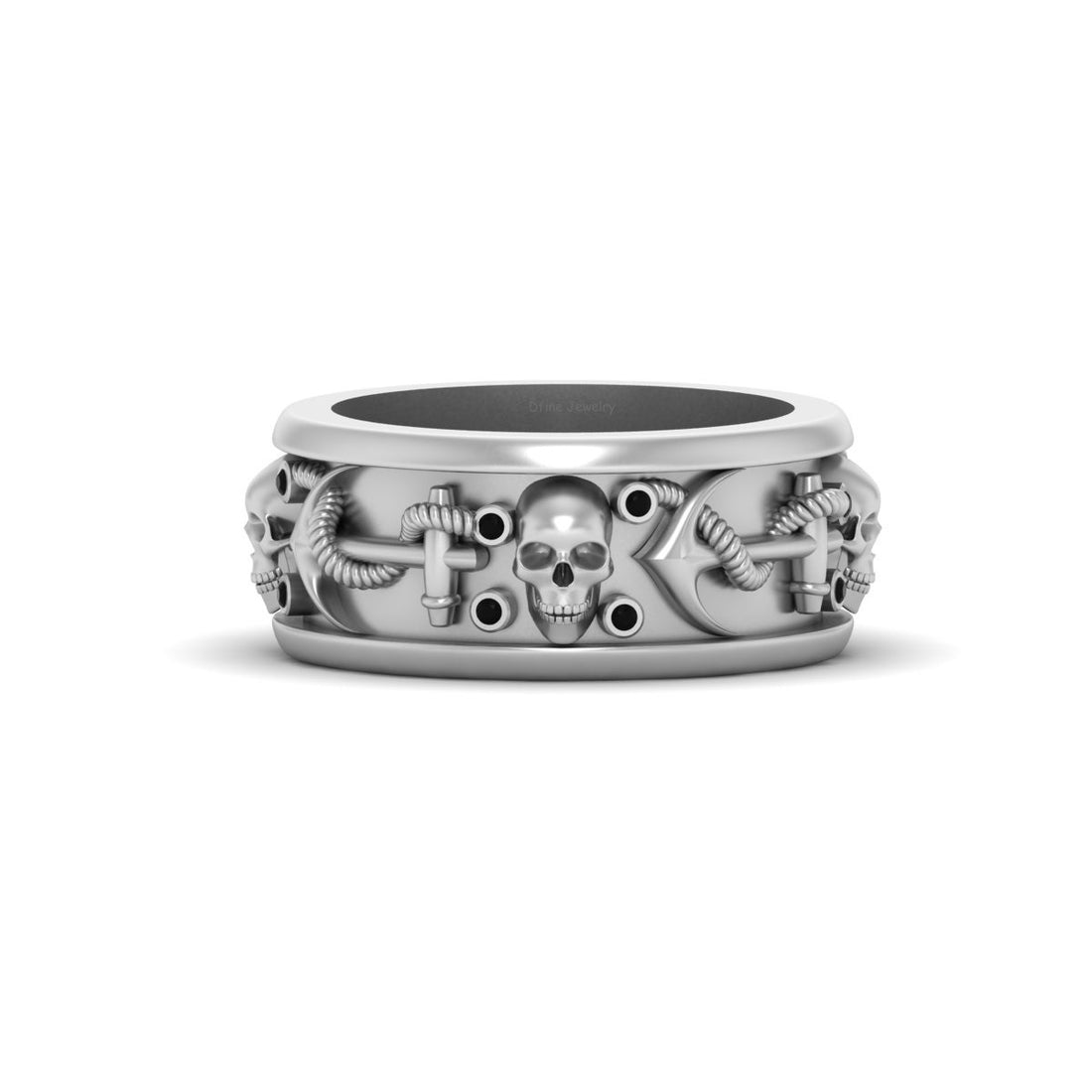 Nautical Anchor and Skull Band Black Onyx Skull Wedding Band Silver