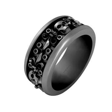 Flower Skull Band For Men Onyx Fleur De Lis Gothic Skull Wedding Band