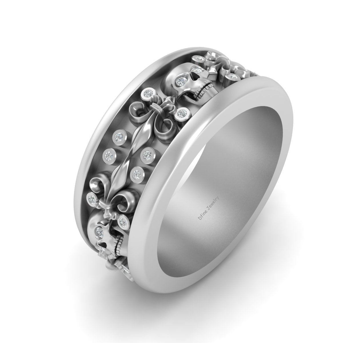 Diamond Skull Wedding Band French Flower Skull Band For Men Silver