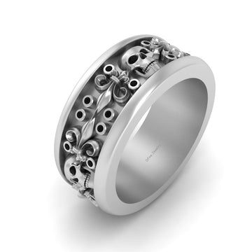 French Flower Skull Wedding Band Gothic Skull Band Mens Biker Silver