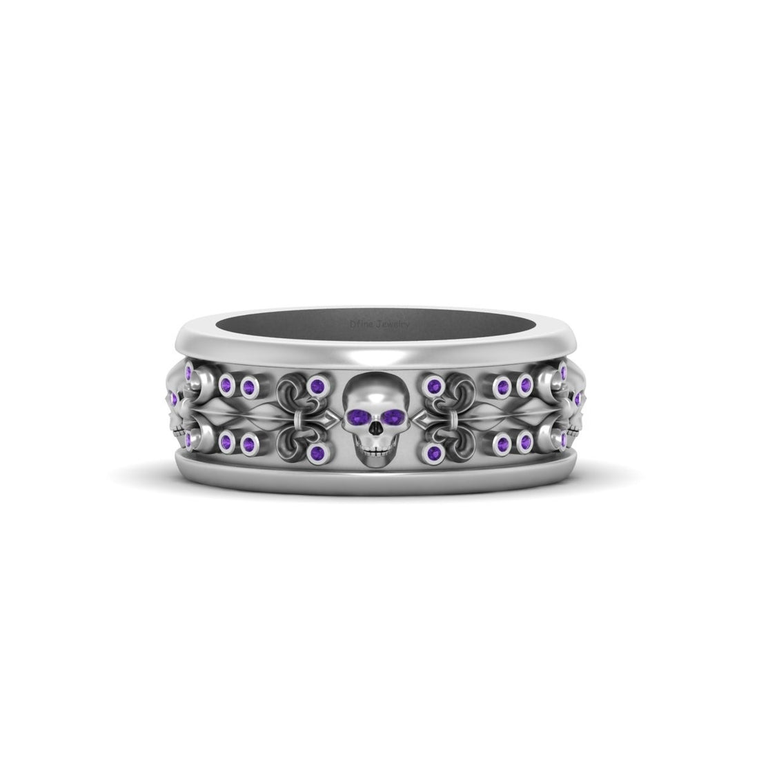 Amethyst Skull Wedding Band Fleur De Lis Gothic Skull Band Mens Silver