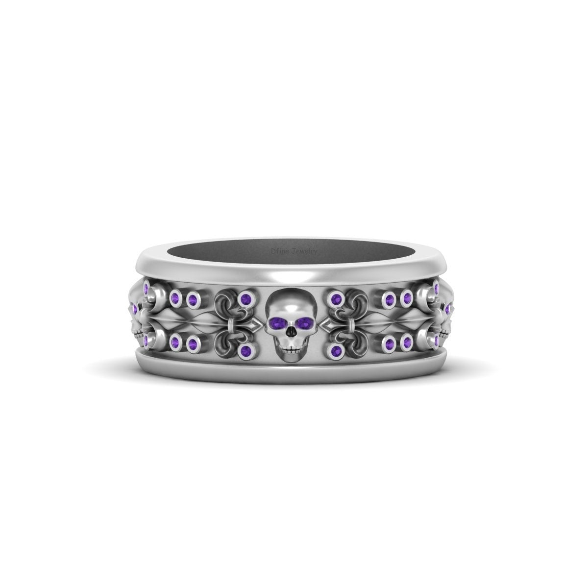 Amethyst Skull Wedding Band Fleur De Lis Gothic Skull Band Mens Silver
