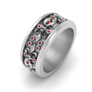 Mens Gothic Skull Wedding Band Red Garnet Fleur De Lis Skull Badass