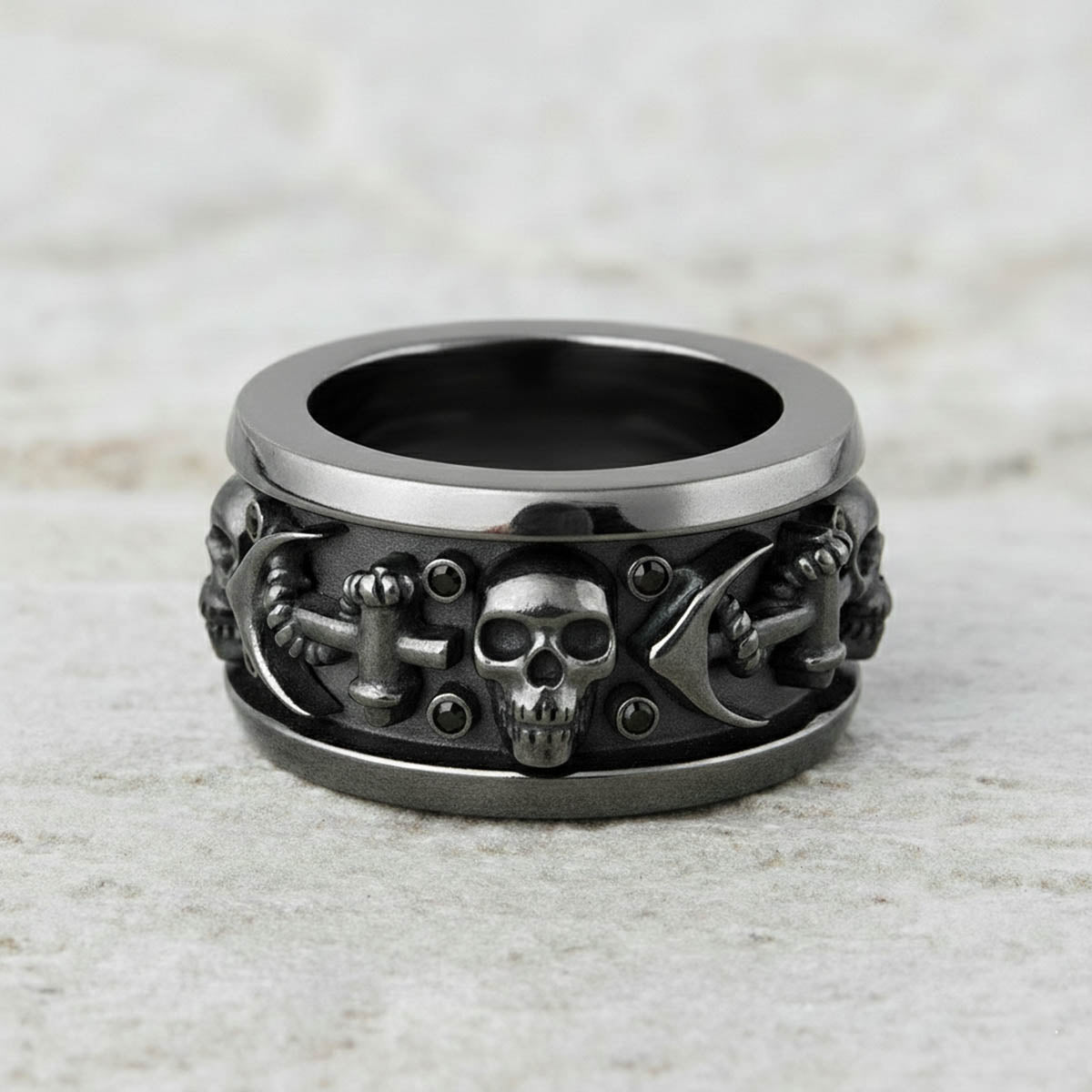 Onyx Anchor Skull Wedding Ring Set His and Her Skull Rings For Couple