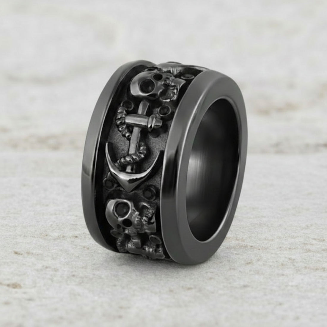 Black skull engagement wedding ring set with onyx gemstones in gun metal finished sterling silver