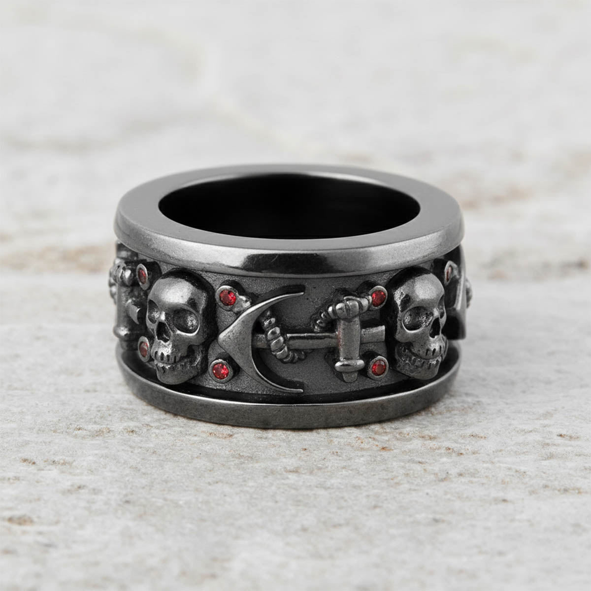 Black skull wedding band with anchor design, crafted in 925 sterling silver