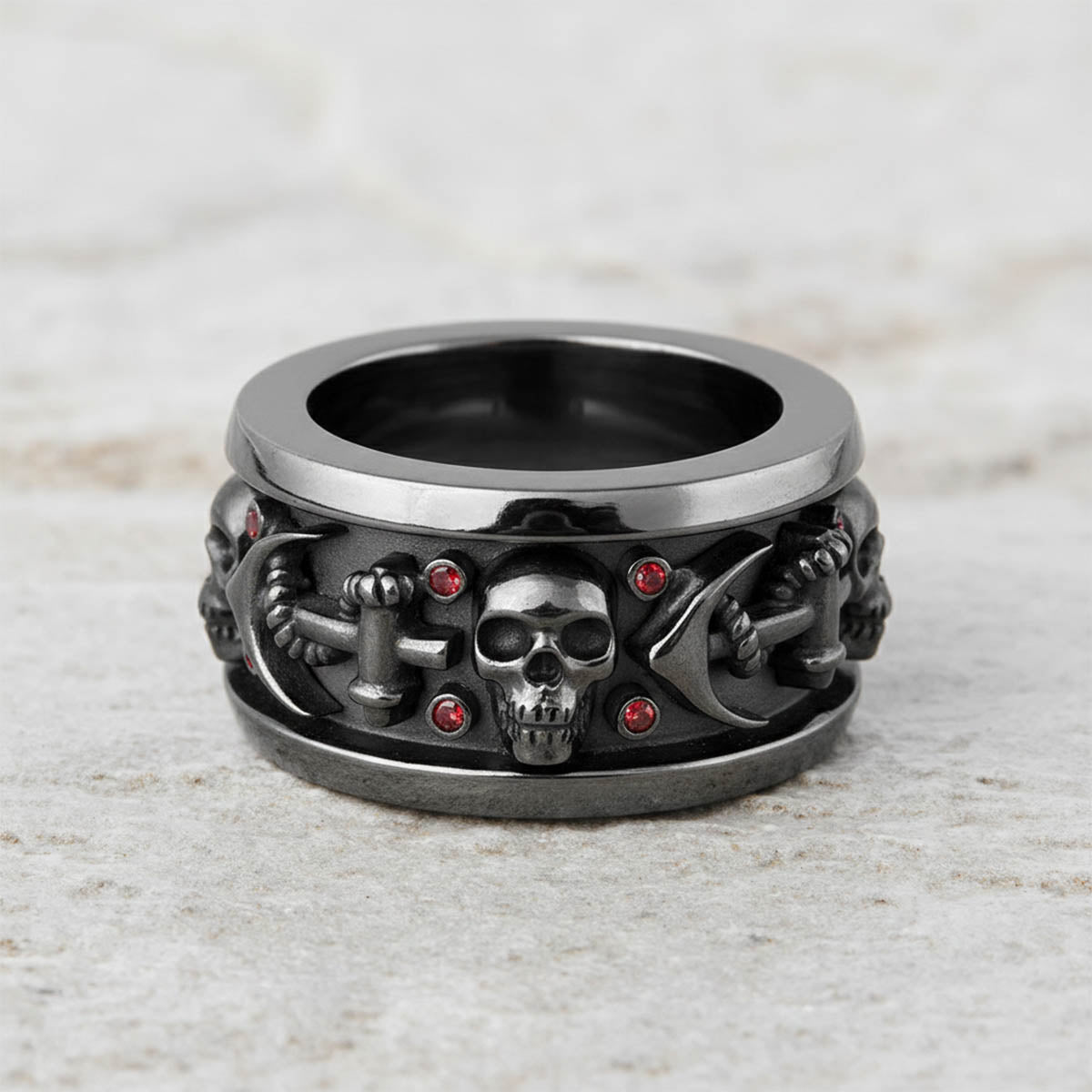 Black skull wedding band with anchor design, crafted in 925 sterling silver