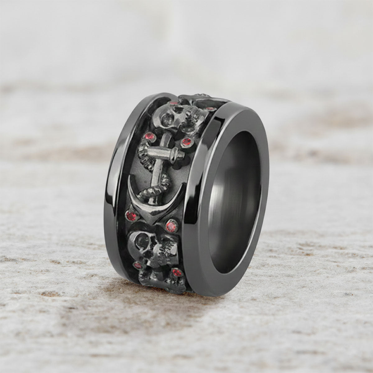 Black skull wedding band with anchor design, crafted in 925 sterling silver