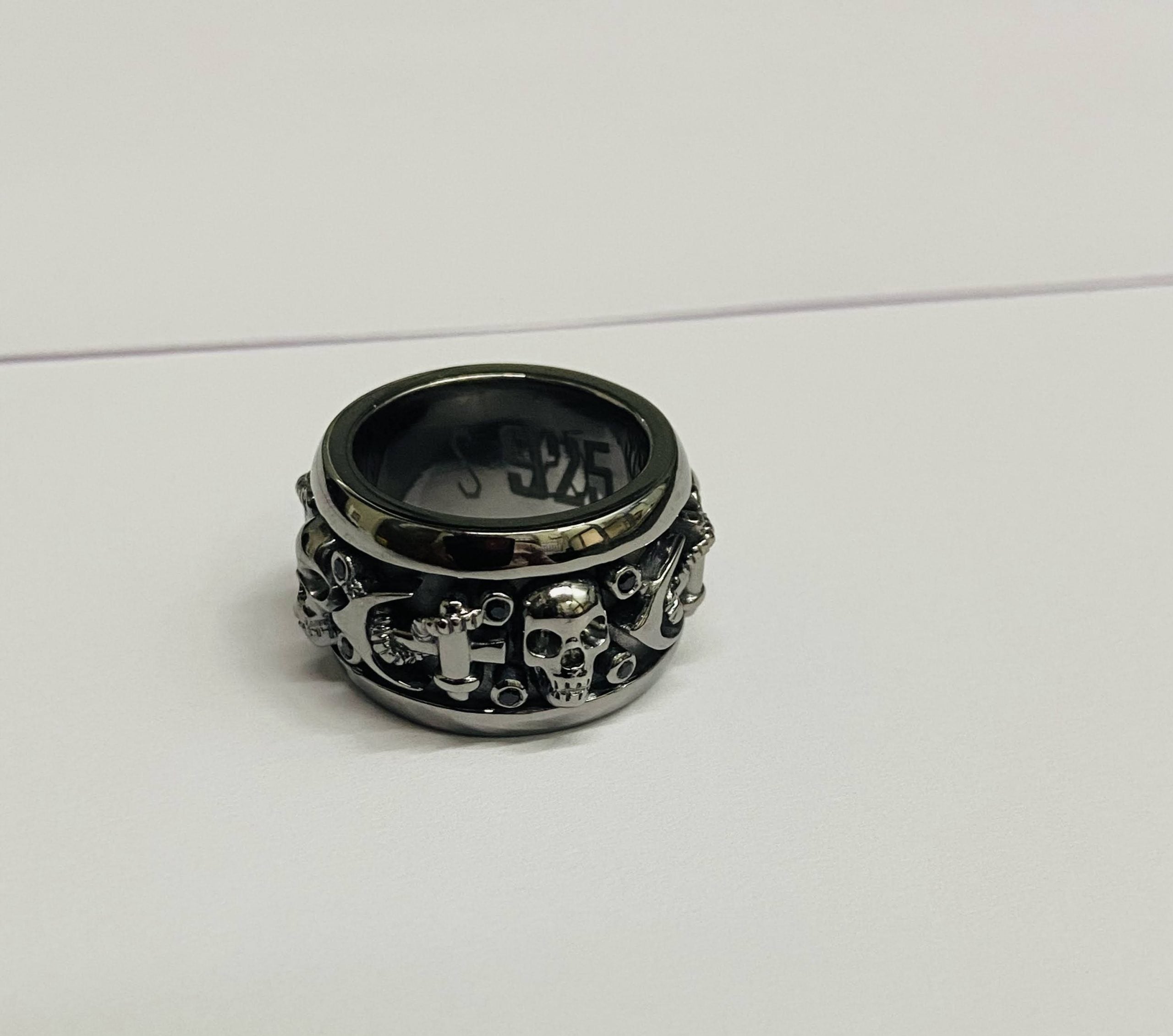 Mens Black Skull Band On 925 Sterling Silver Anchor Skull Wedding Band