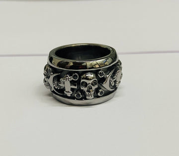 Onyx Anchor Skull Wedding Band Silver Gothic Biker Skull Band For Men
