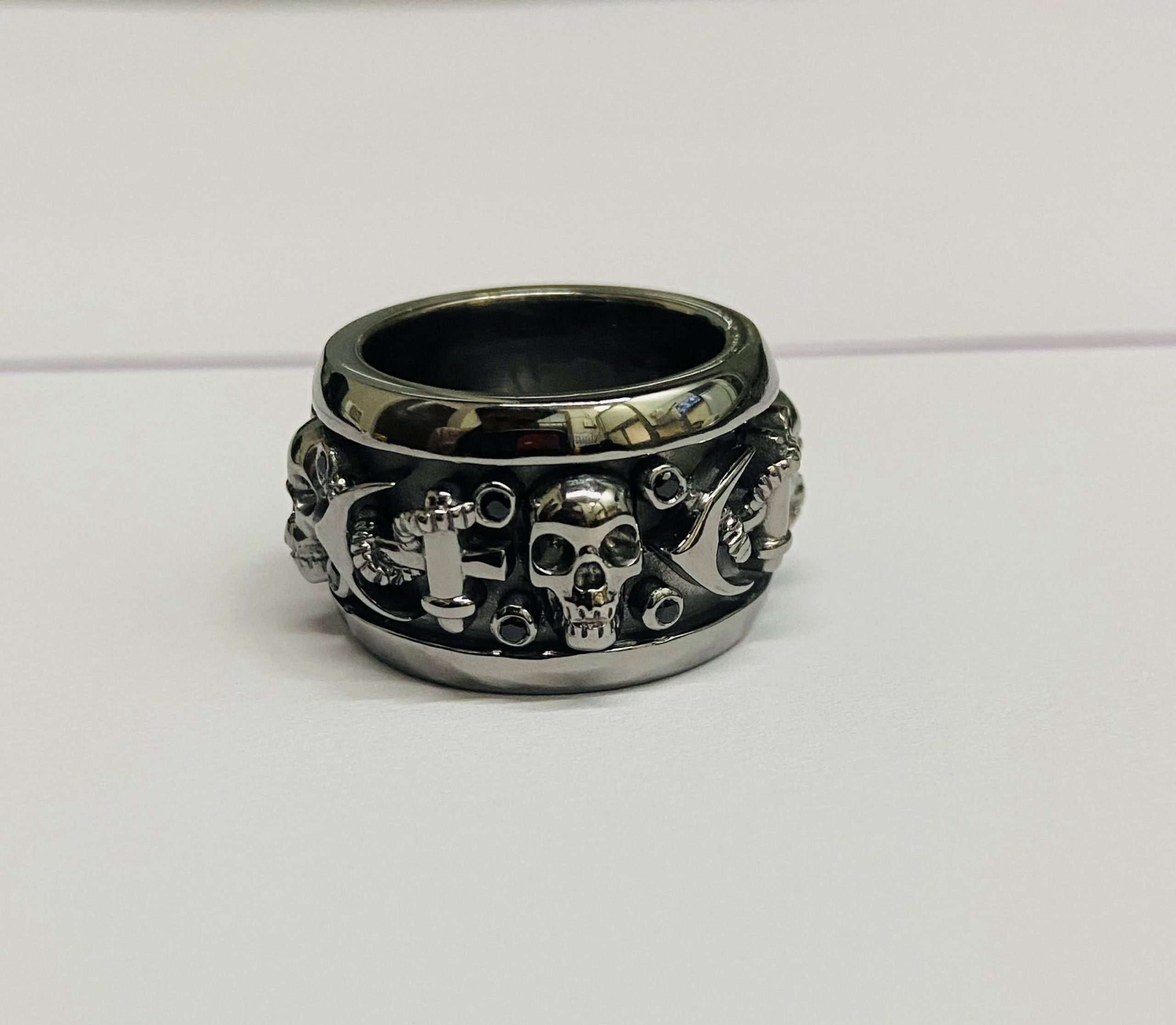 Mens Black Skull Band On 925 Sterling Silver Anchor Skull Wedding Band