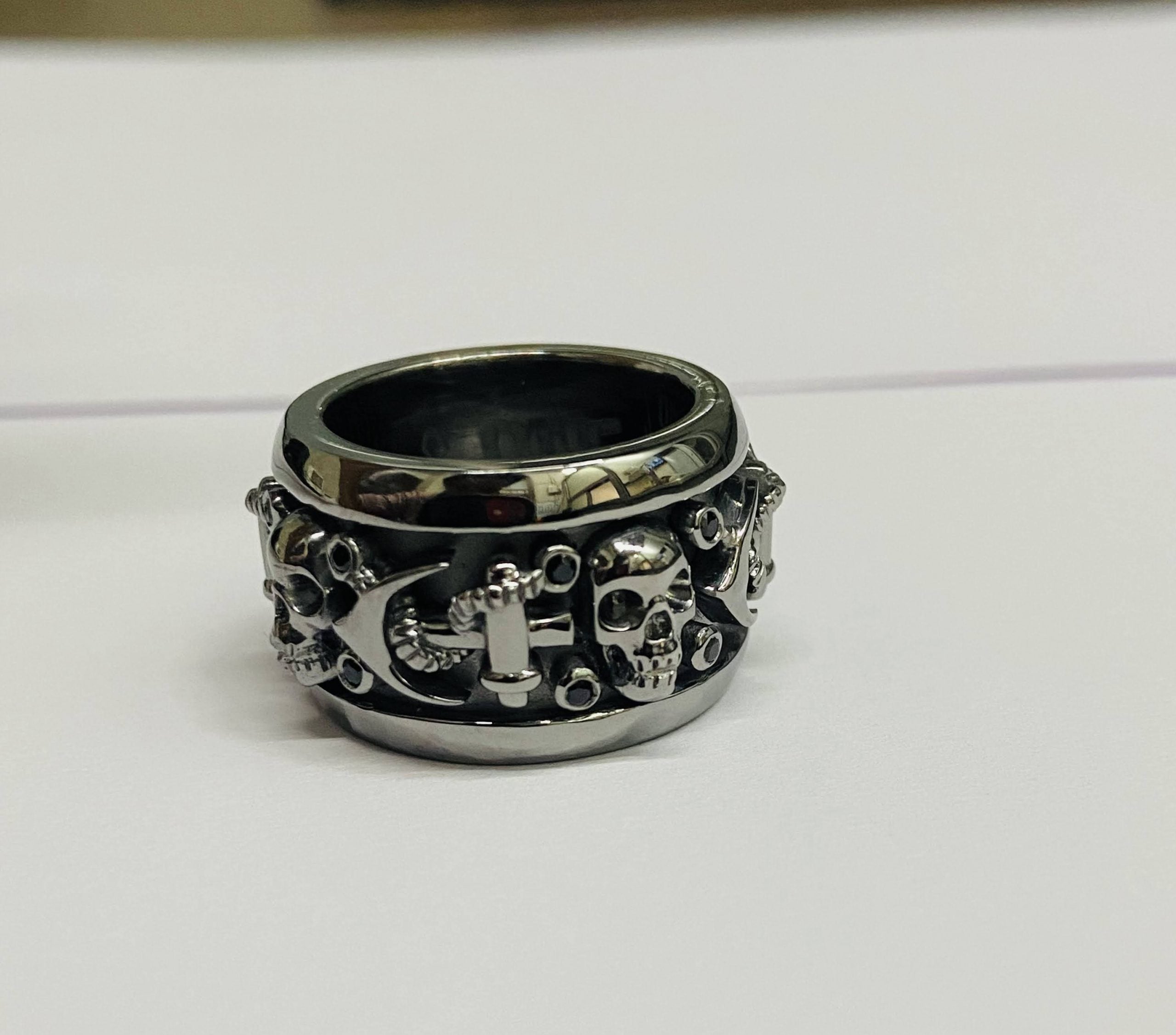 Mens Black Skull Band On 925 Sterling Silver Anchor Skull Wedding Band