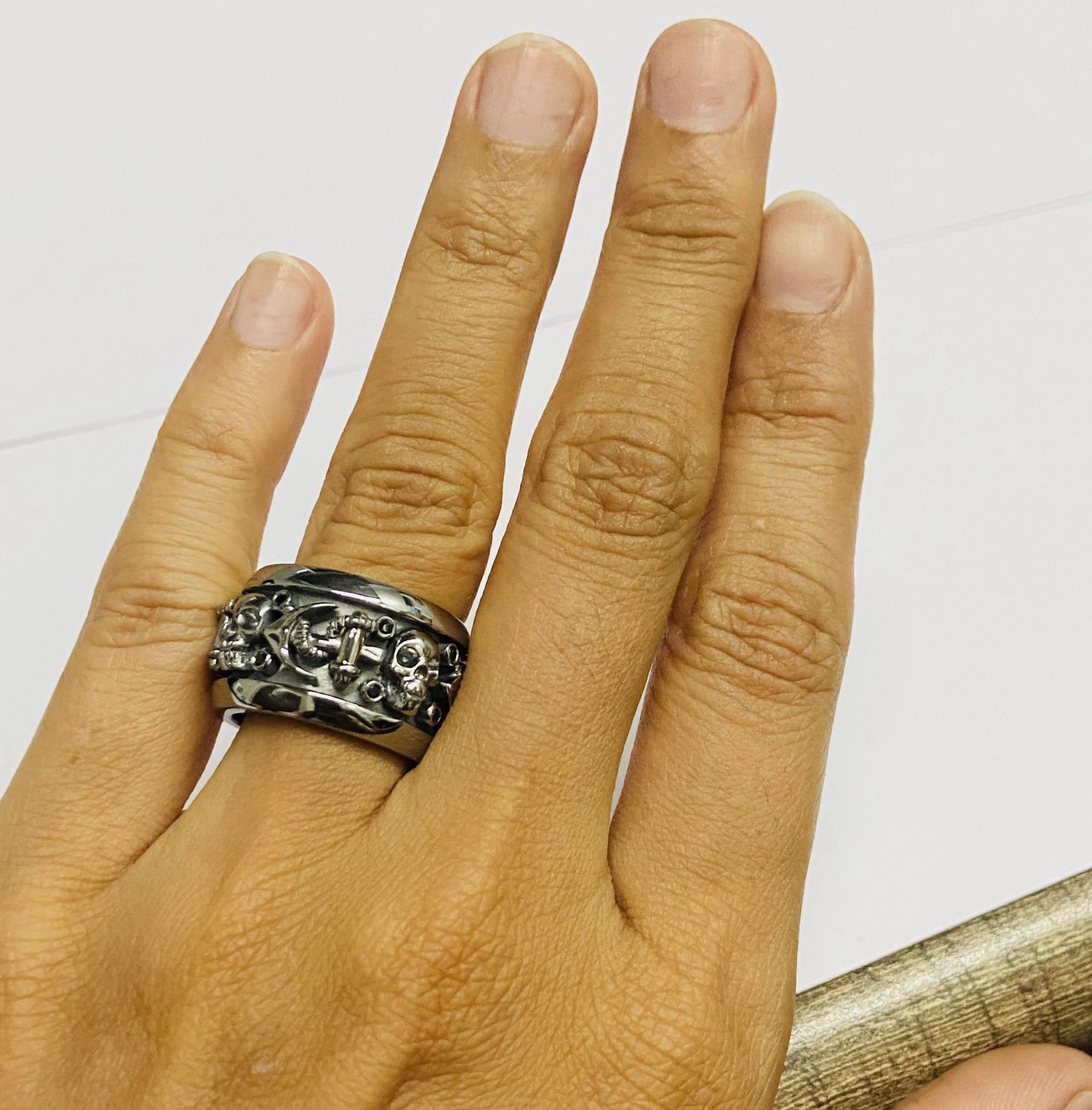 Mens Black Skull Band On 925 Sterling Silver Anchor Skull Wedding Band