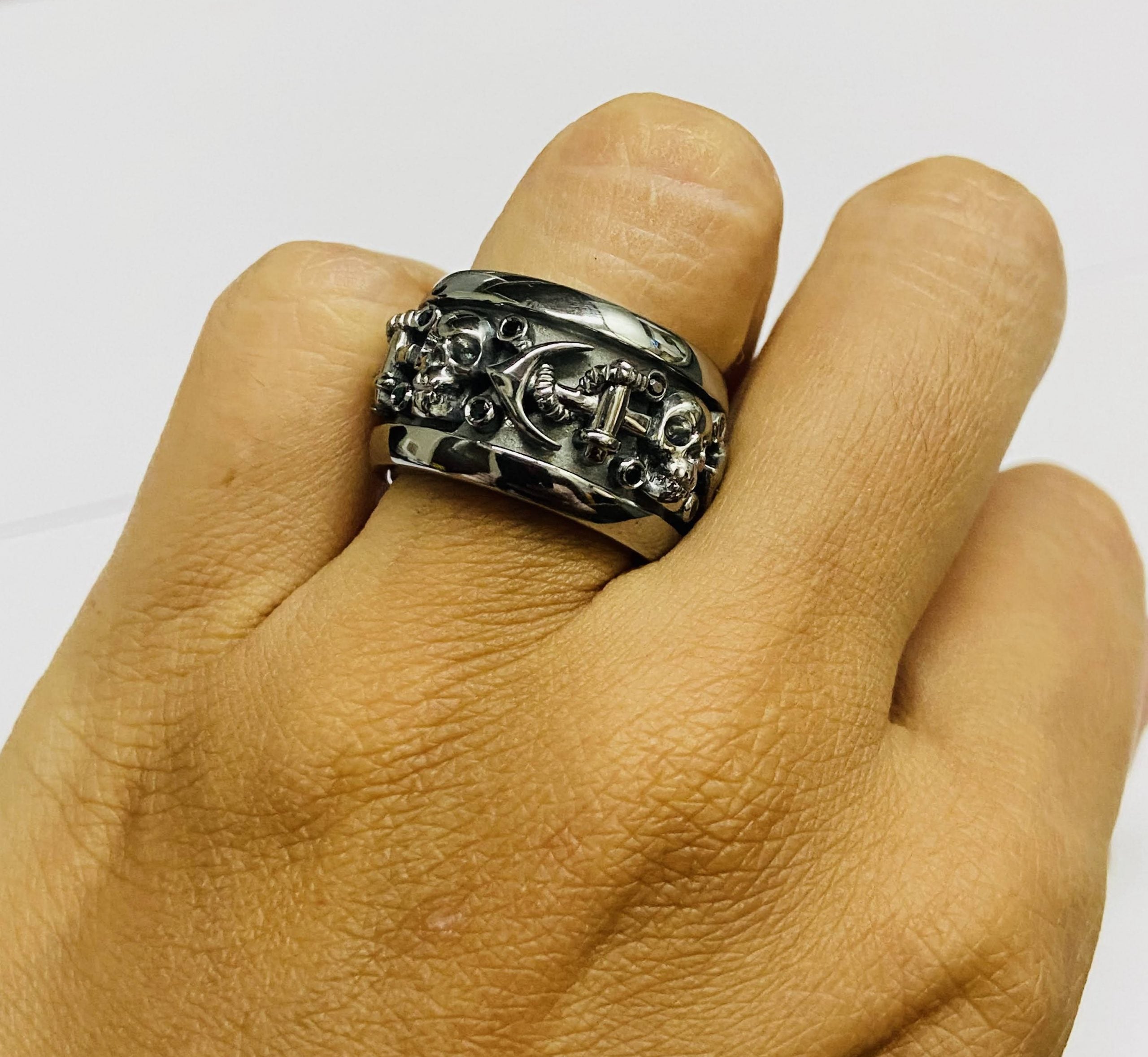Mens Black Skull Band On 925 Sterling Silver Anchor Skull Wedding Band