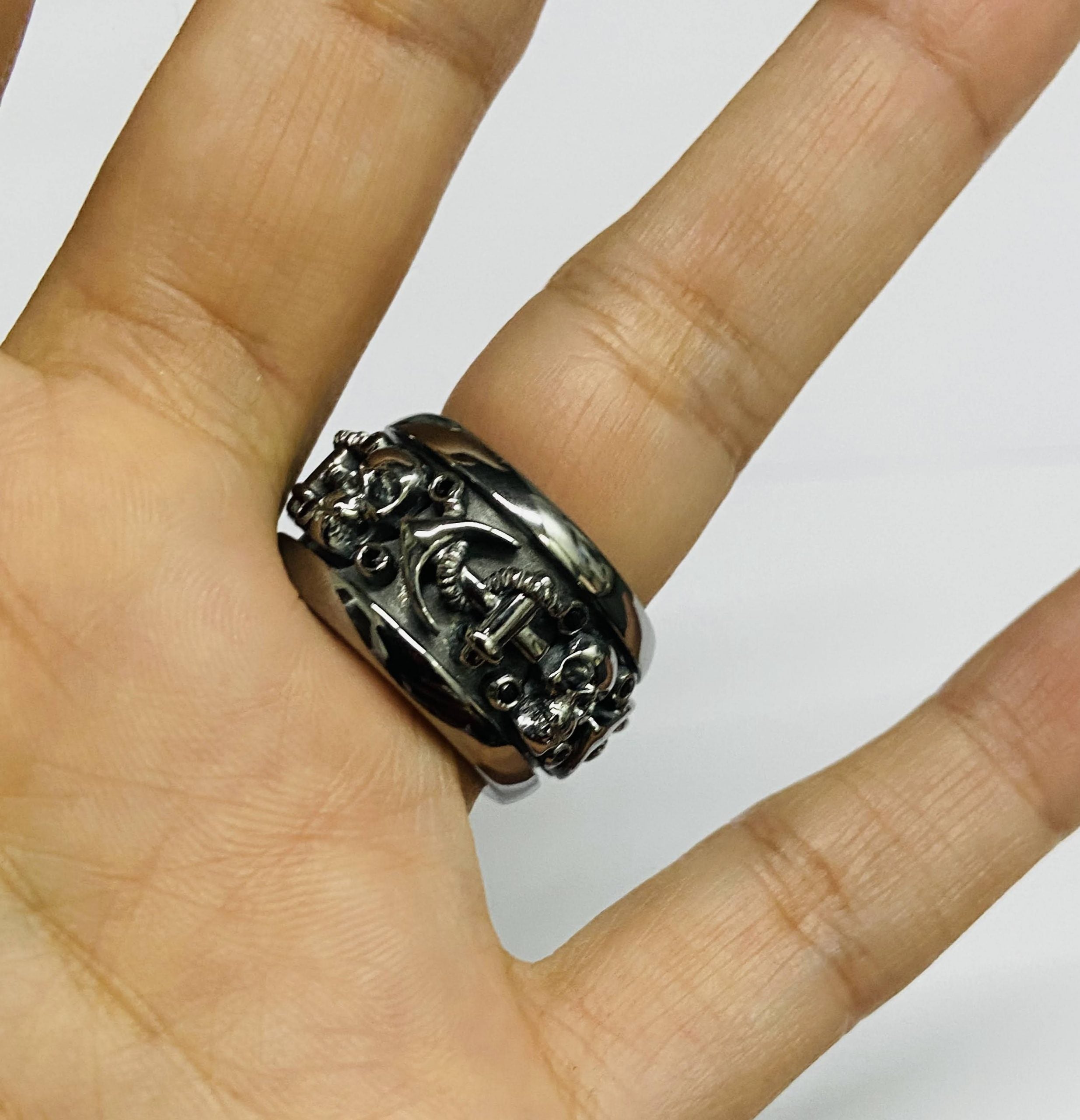 Mens Black Skull Band On 925 Sterling Silver Anchor Skull Wedding Band