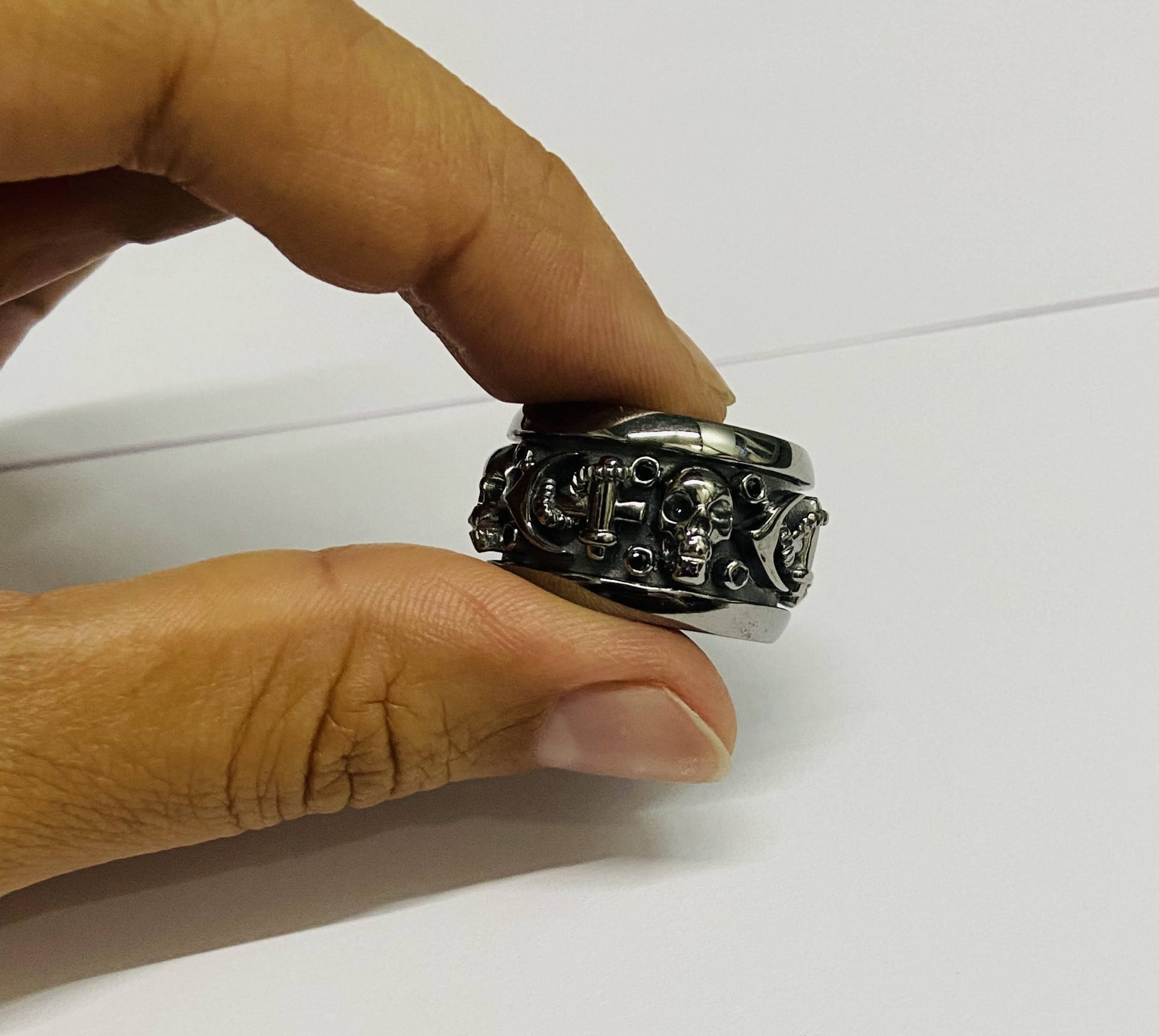 Mens Black Skull Band On 925 Sterling Silver Anchor Skull Wedding Band