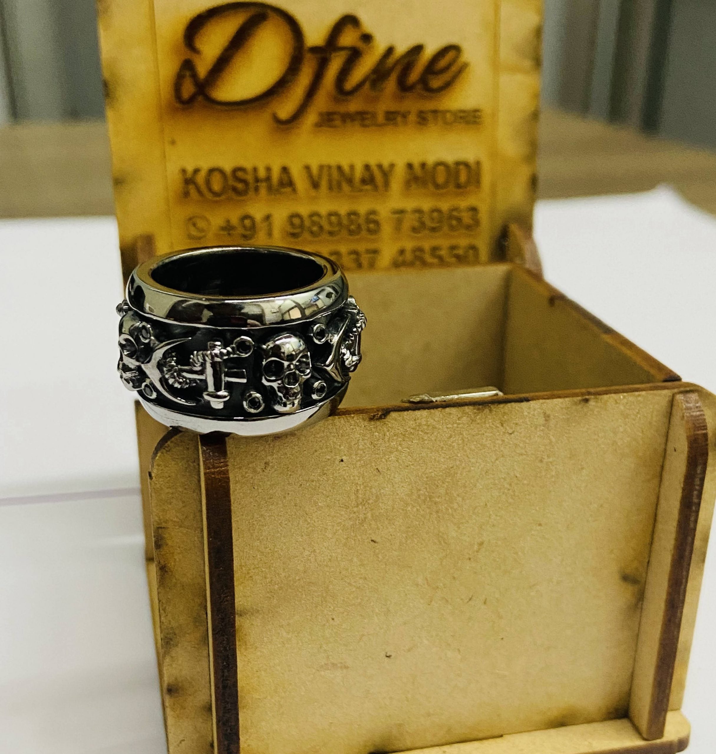 Mens Black Skull Band On 925 Sterling Silver Anchor Skull Wedding Band