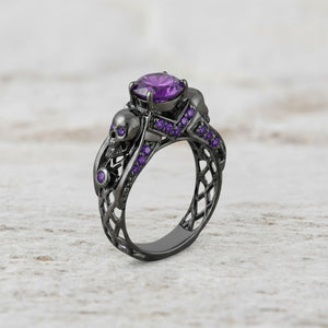 Amethyst Skull Promise Ring Mesh Gothic Skull Ring Gun Metal Finish