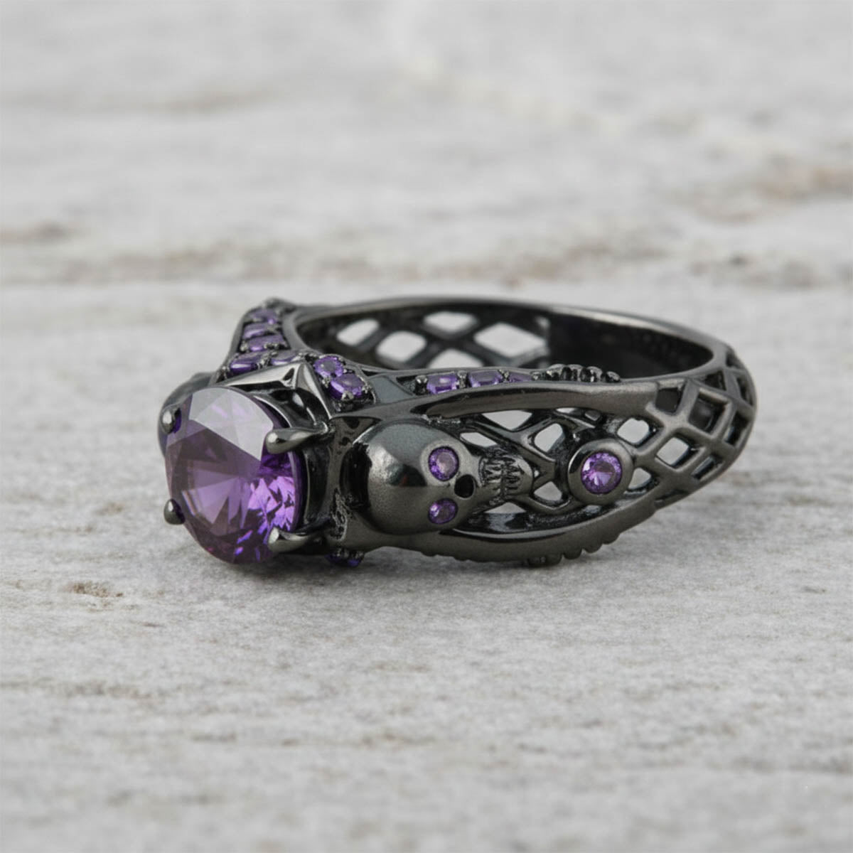 Amethyst Skull Promise Ring Mesh Gothic Skull Ring Gun Metal