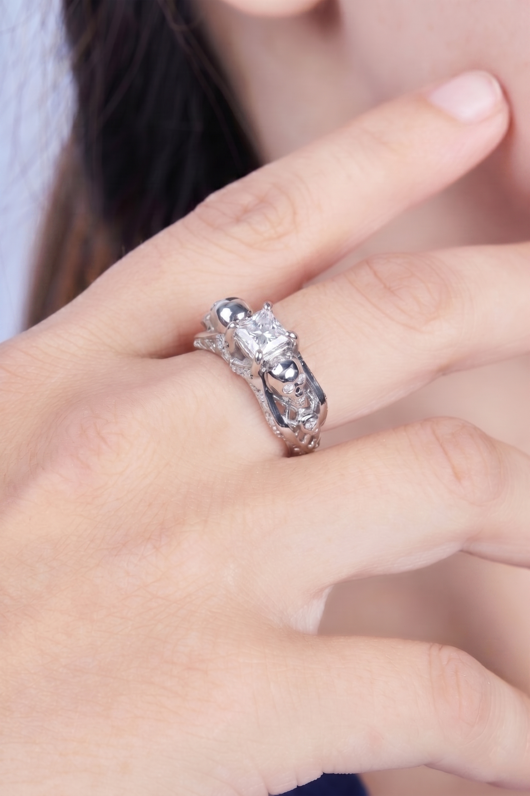 Princess Cut Diamond Skull Engagement Ring With Wedding Band For Her