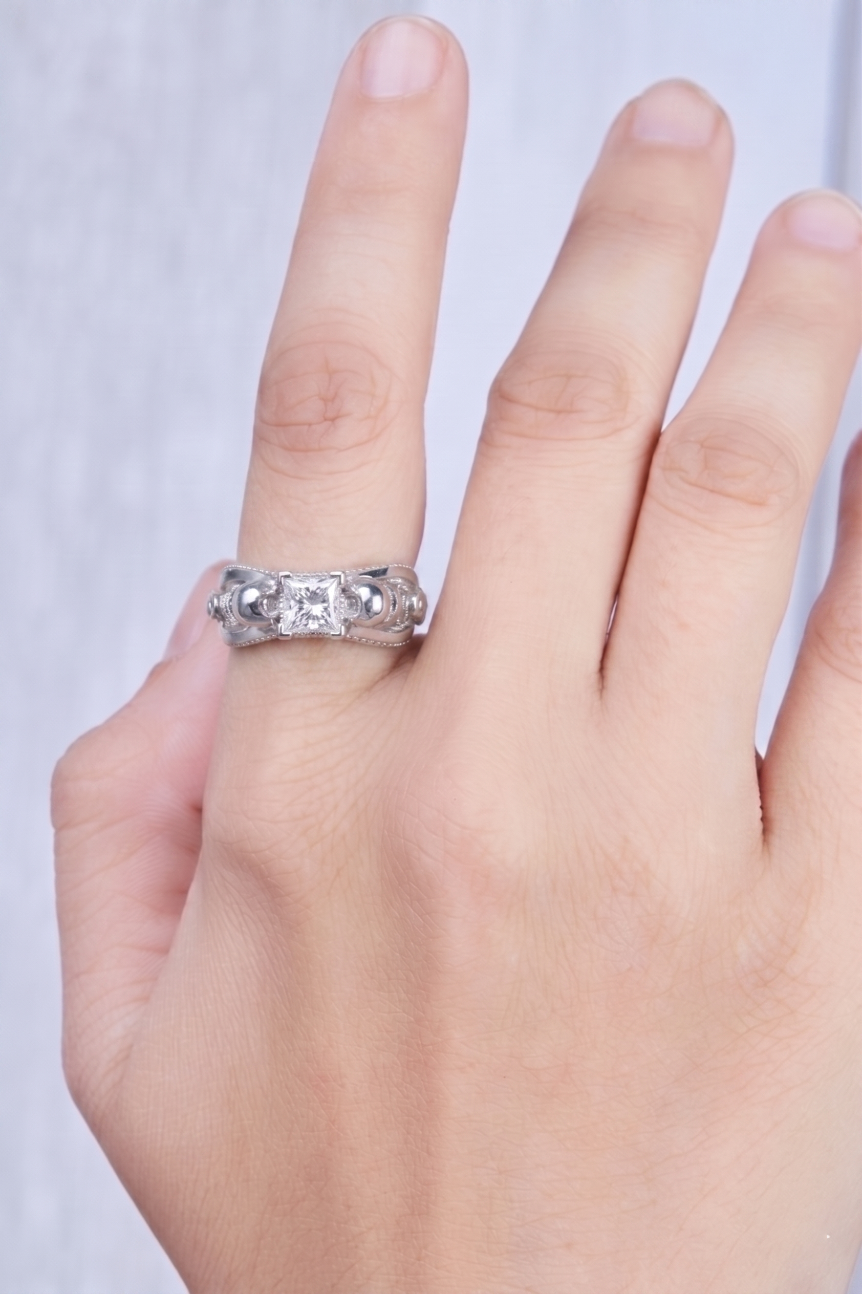 Princess Cut Diamond Skull Engagement Ring With Wedding Band For Her