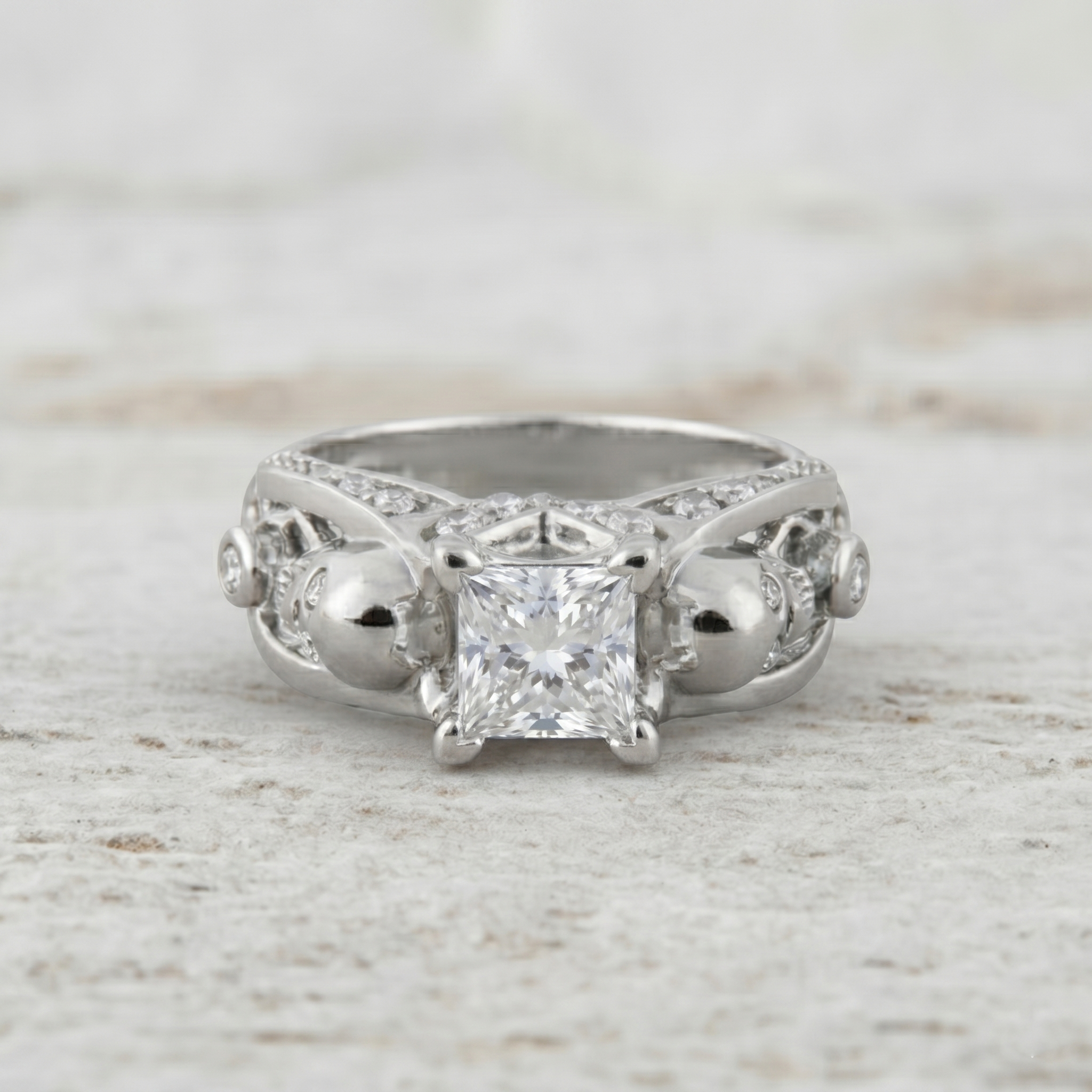 Princess Cut Diamond Skull Engagement Ring With Wedding Band For Her
