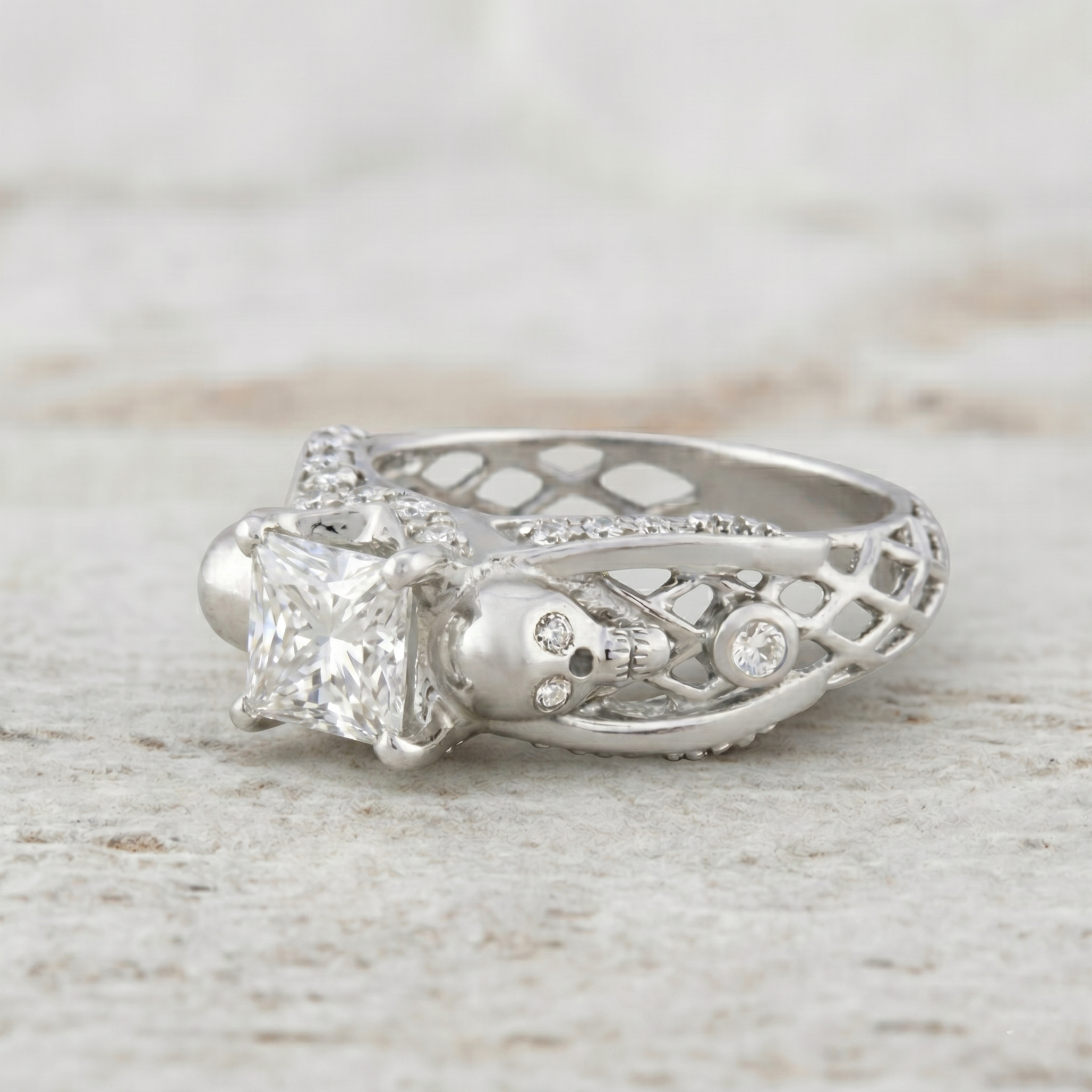Princess Cut Diamond Skull Engagement Ring With Wedding Band For Her