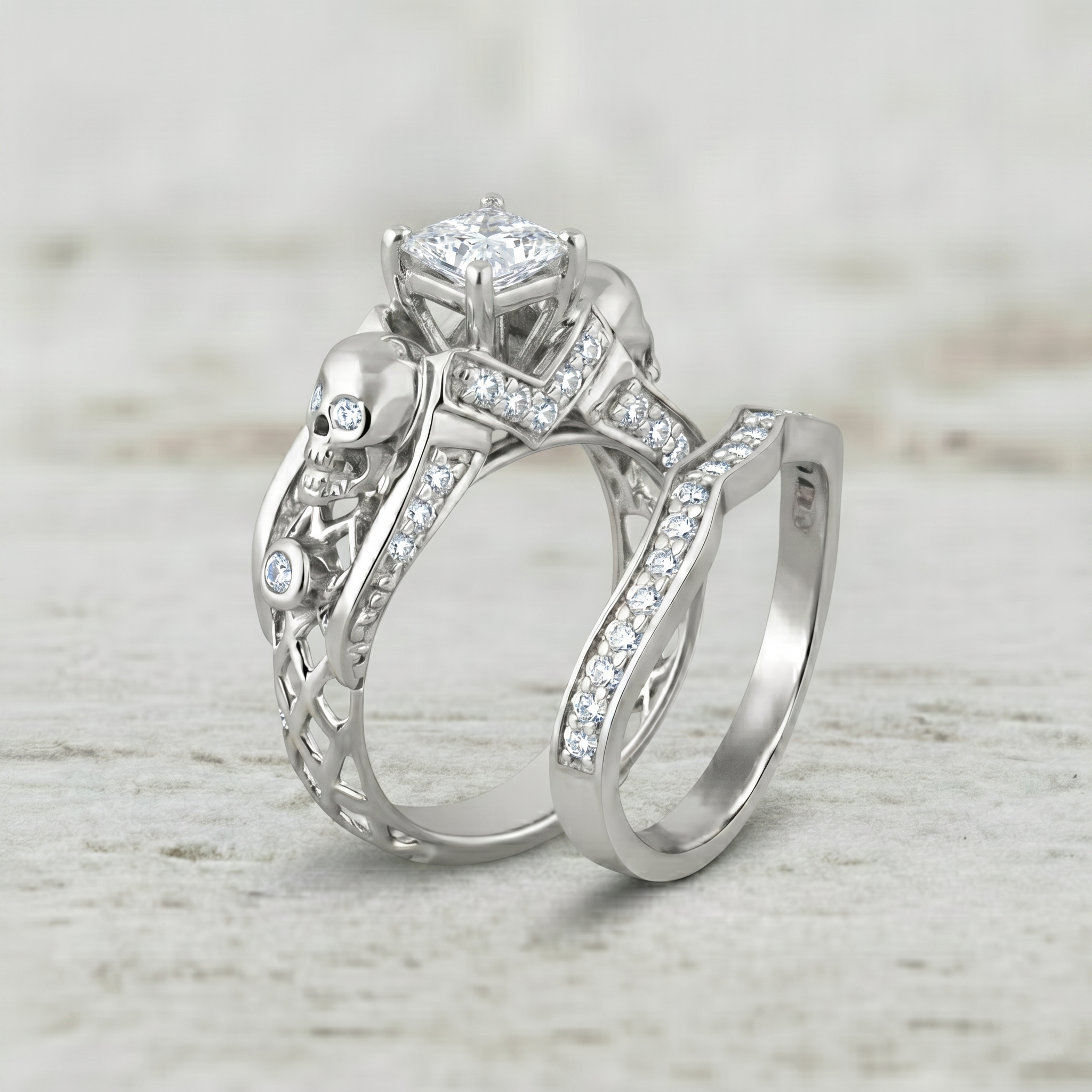 Princess Cut Diamond Skull Engagement Ring With Wedding Band For Her
