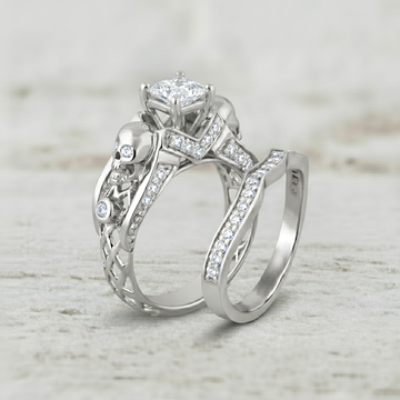 Princess Cut Diamond Skull Engagement Ring With Wedding Band For Her