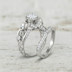 Princess Cut Diamond Skull Engagement Ring With Wedding Band For Her