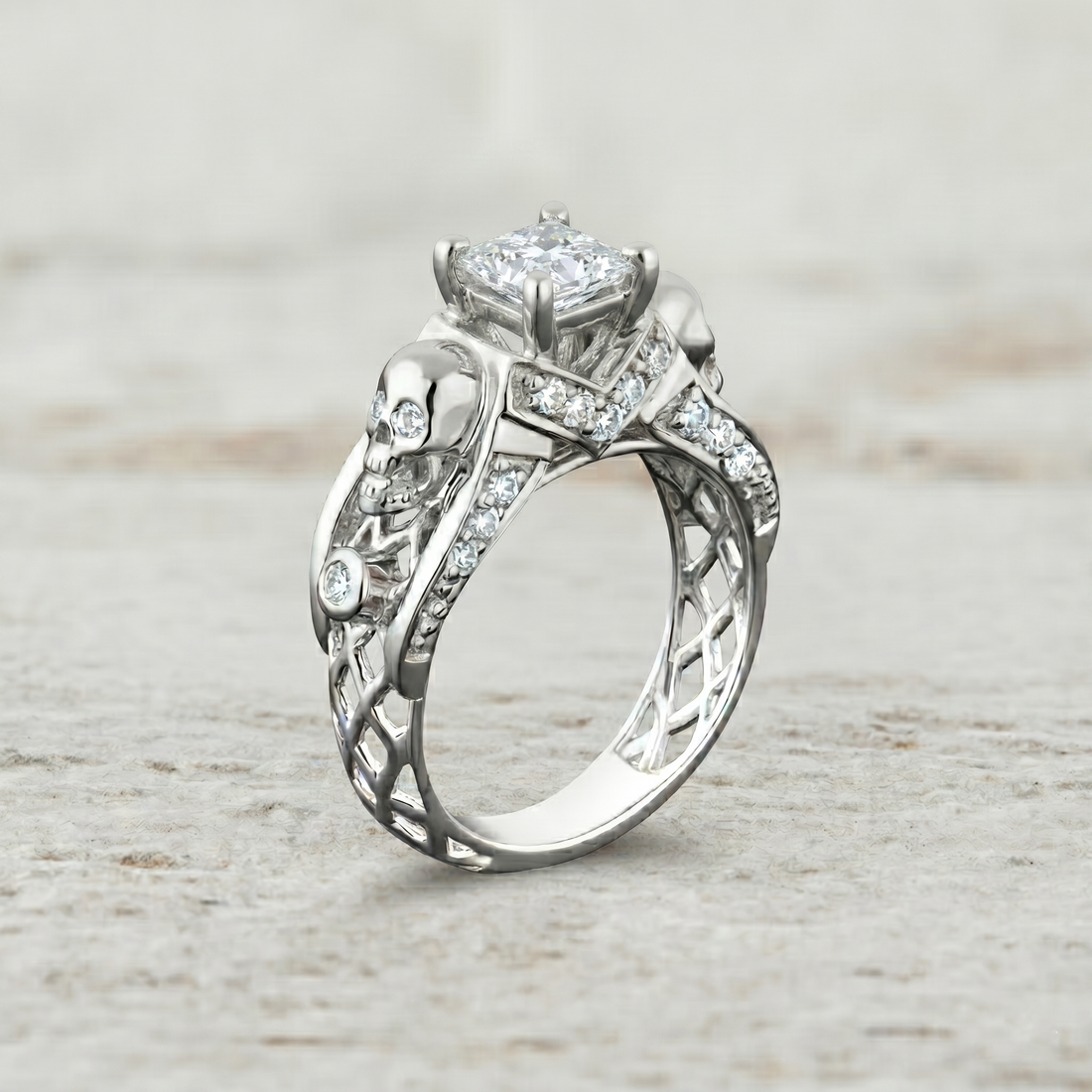 Princess Cut Diamond Skull Engagement Ring With Wedding Band For Her