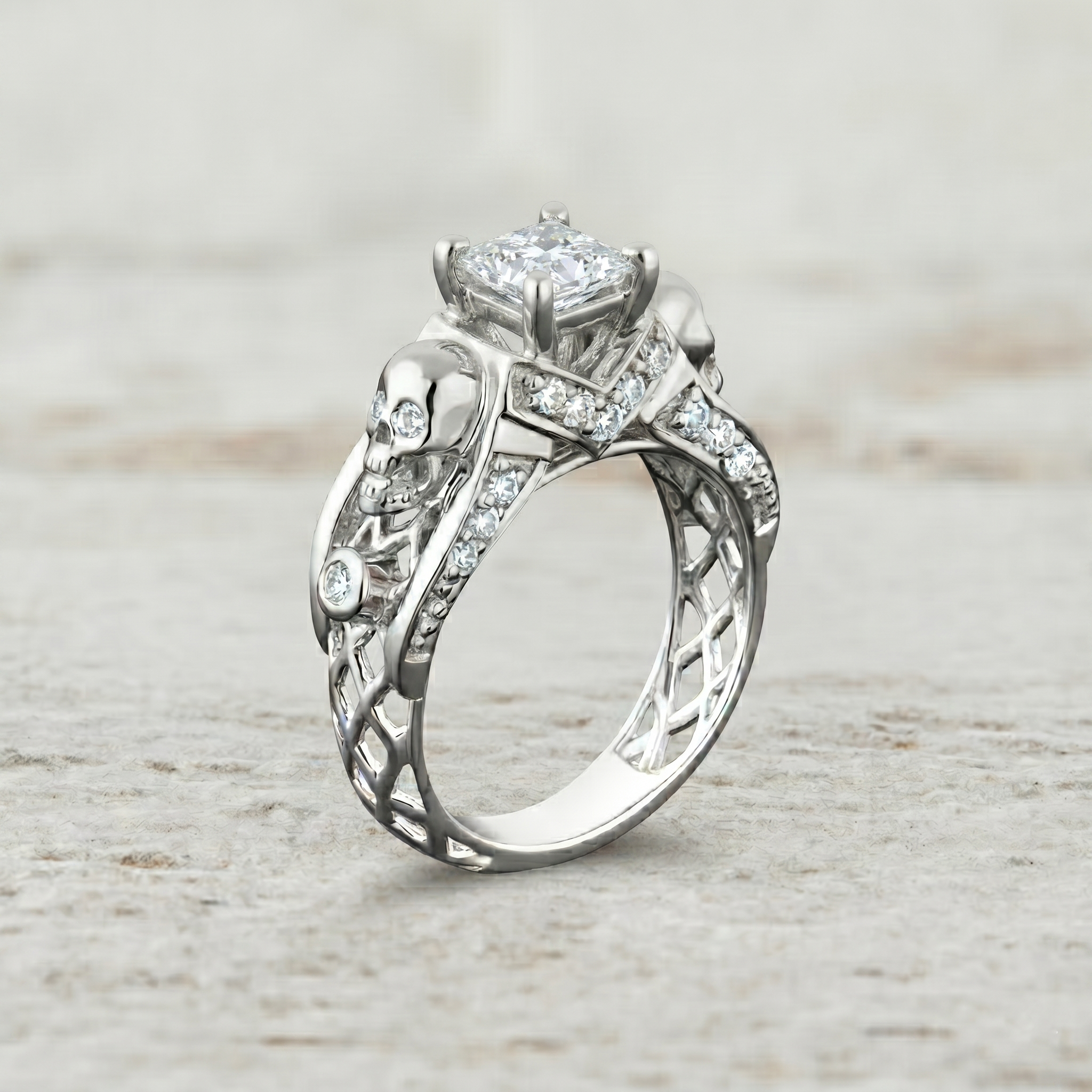 Princess Cut Diamond Skull Engagement Ring With Wedding Band For Her