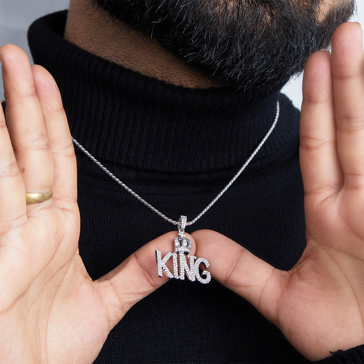 Iced Out KING with Crown Pendant Necklace 925 Sterling Silver Hip Hop Jewelry