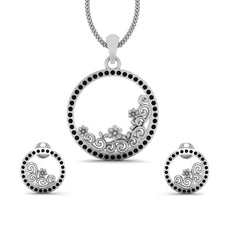 Silver Flower Pendant Set Black Diamond Filigree Pendant Earrings Set