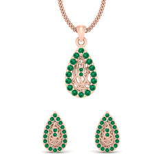 Pear Shape Pendant Earrings Set Green CZ Rose Gold Pendant Set