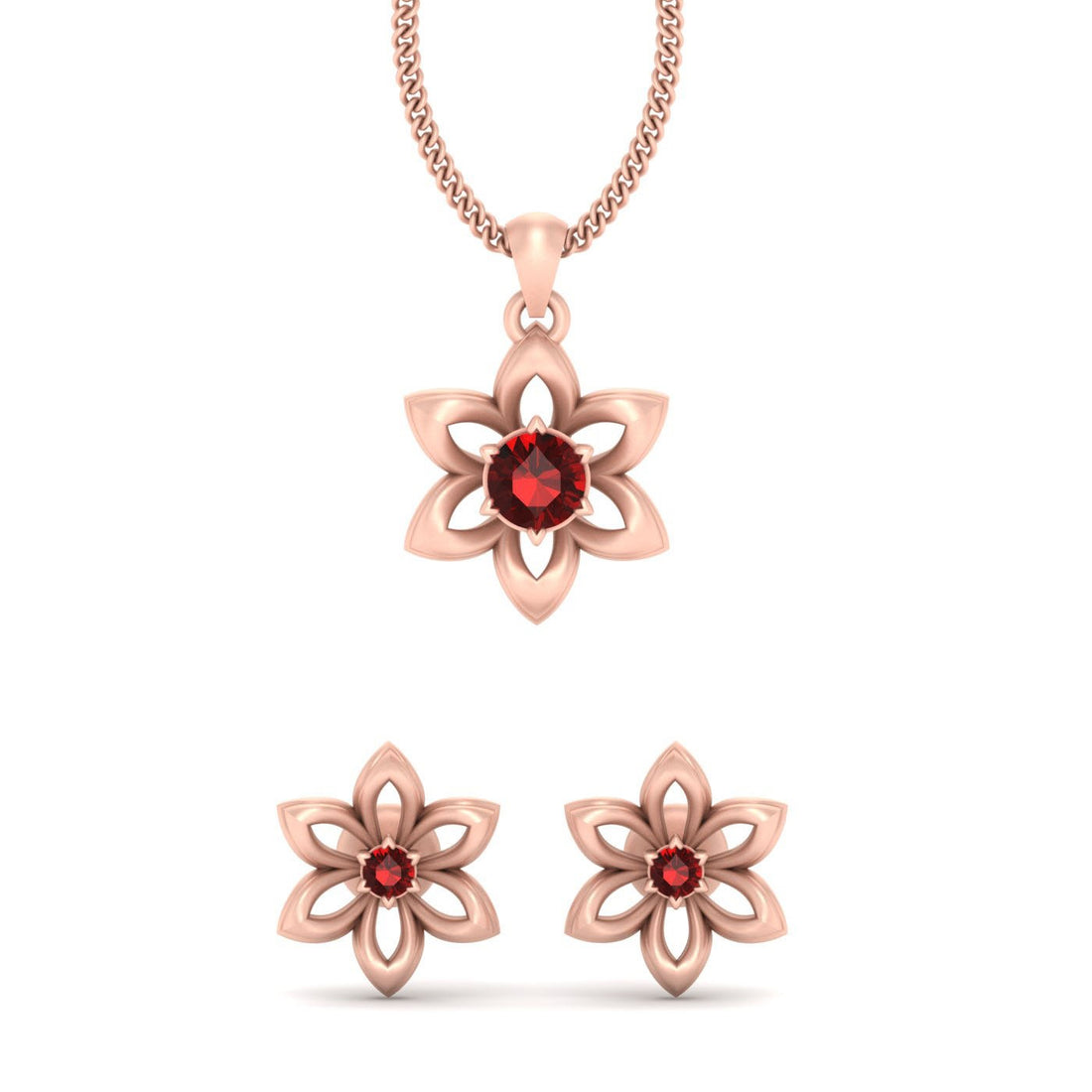 RED CZ FLOWER BRIDAL PENDANT SET
