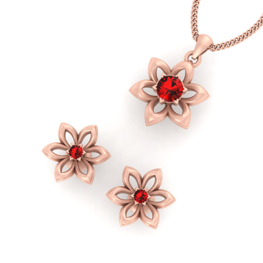 RED CZ FLOWER BRIDAL PENDANT SET