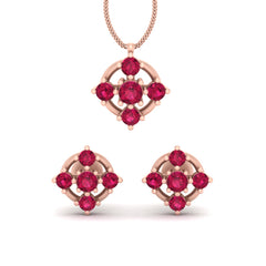 Ruby Wedding Pendant Earrings Set Rose Gold 5 Stone Pendant Set