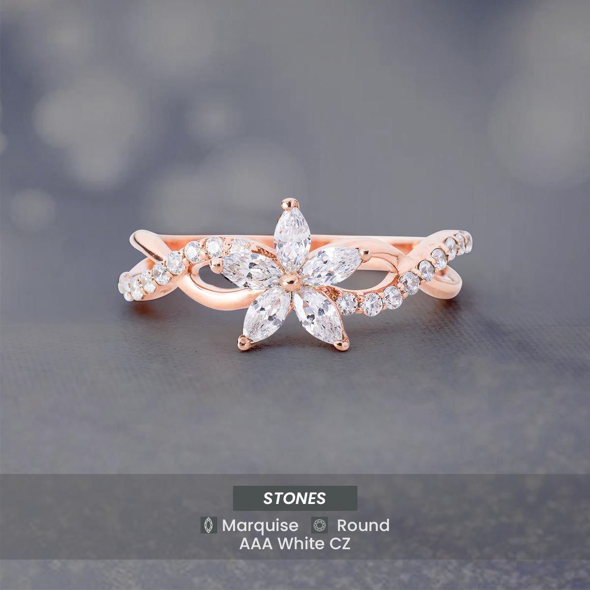 Marquise Cut Moissanite Diamond Flower Ring Infinity Floral Engagement Rings Rose Gold Art Nouveau