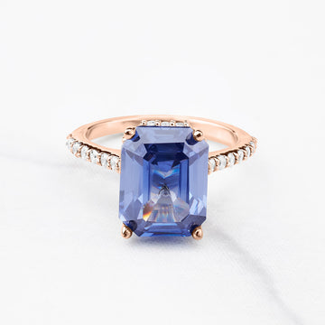 Women's Statement Ring Emerald Cut Blue Titanic Gemstone Hidden Halo Moissanite Cathedral