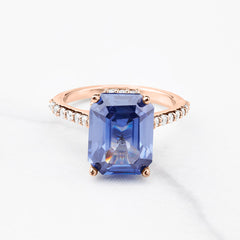 Women's Statement Ring Emerald Cut Blue Titanic Gemstone Hidden Halo Moissanite Cathedral