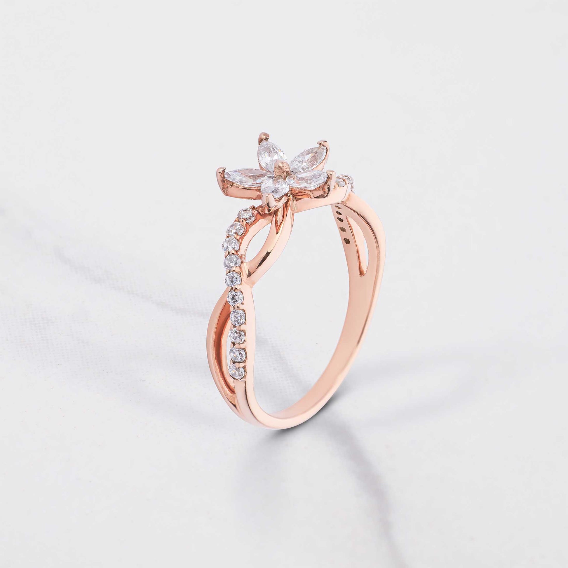Blossom Flower Engagement Ring Set 3 Stone Wedding Band Bridal Sets Rose Gold