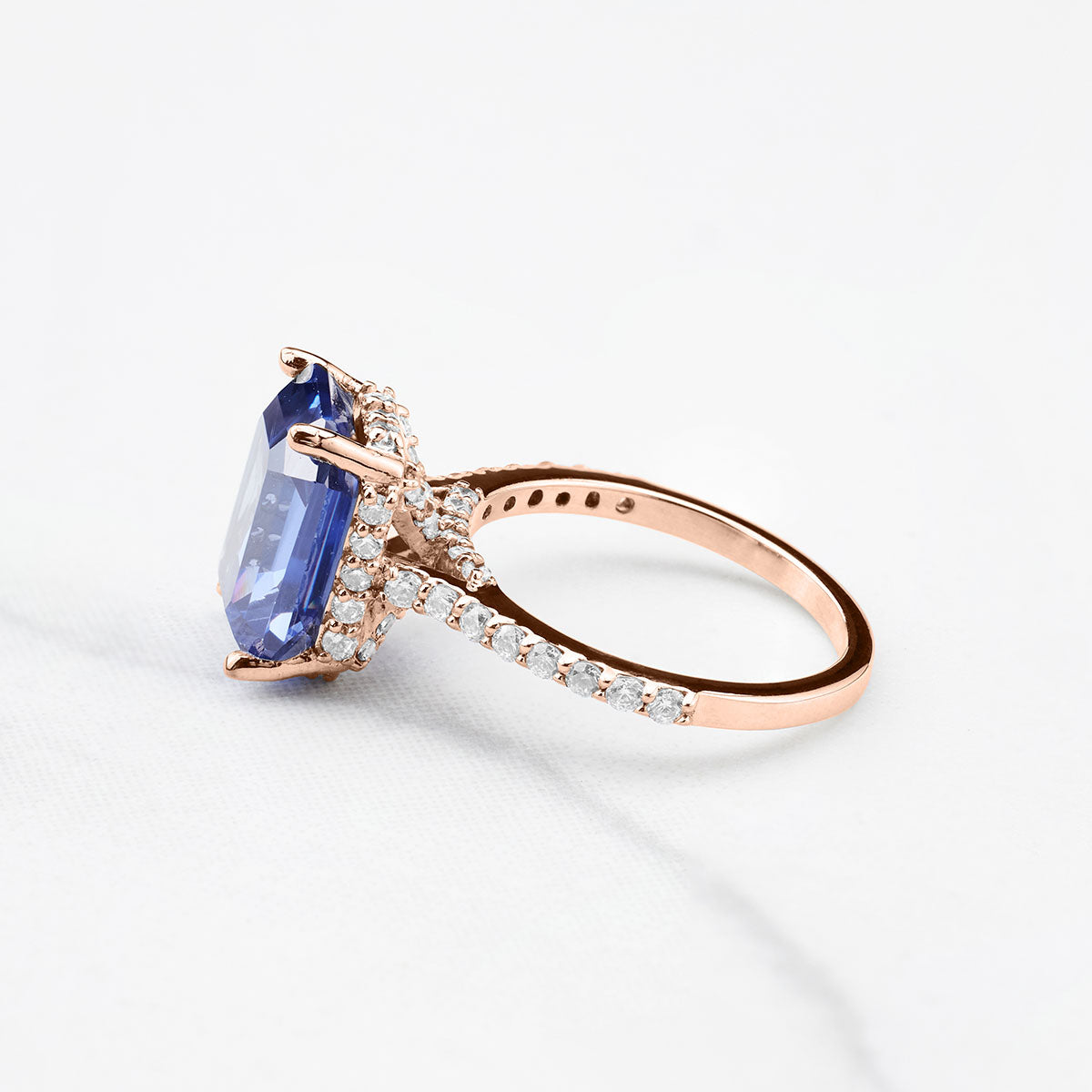 Women's Statement Ring Emerald Cut Blue Titanic Gemstone Hidden Halo Moissanite Cathedral