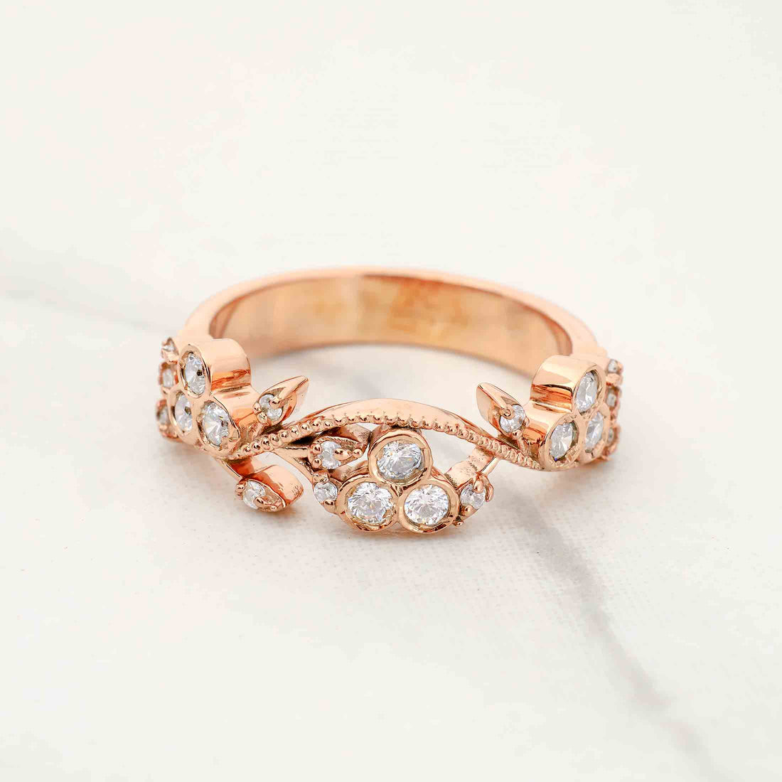 Floral Art Deco Wedding Band for Her Moissanite Diamond Anniversary Band Gift Rose Gold White Gold