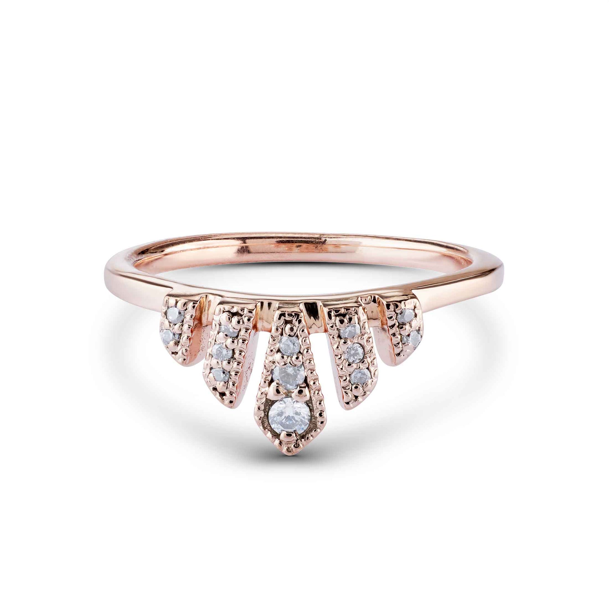 Elegant rose gold sunburst ring featuring diamond-accented geometric drops in a curved row.