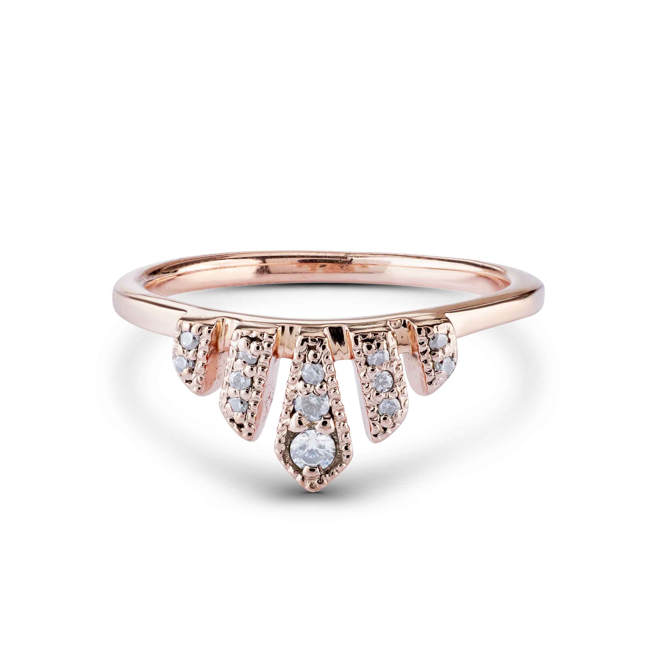 Elegant rose gold sunburst ring featuring diamond-accented geometric drops in a curved row.